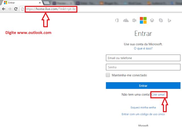 outlook login cadastro